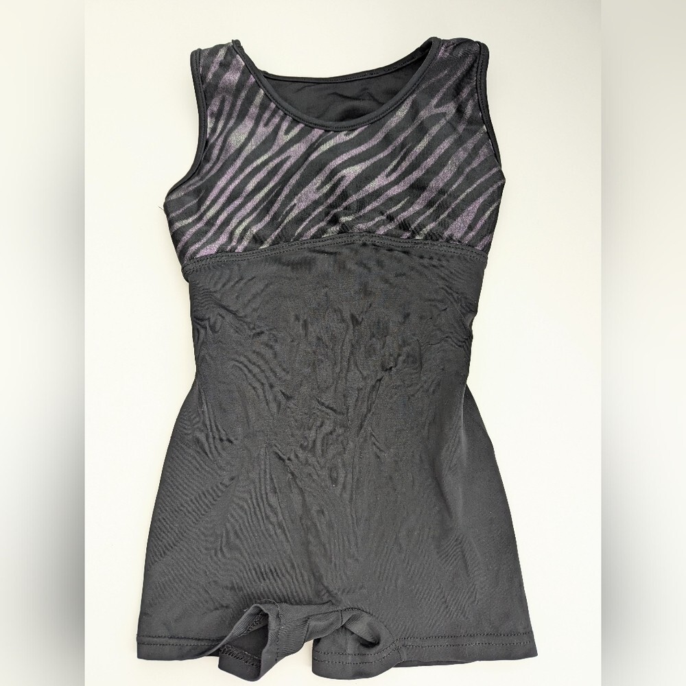 Gilda Marx Girls' (6X/7) 1-Piece Black Shorts Bodysuit/Leotard w/Animal Print
